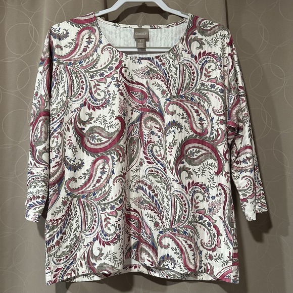 Chico's Tops - Chicos Paisley Ribbed Knit Blouse Burgundy Green 3/4 Sleeve Scoop Neck Size 1/M